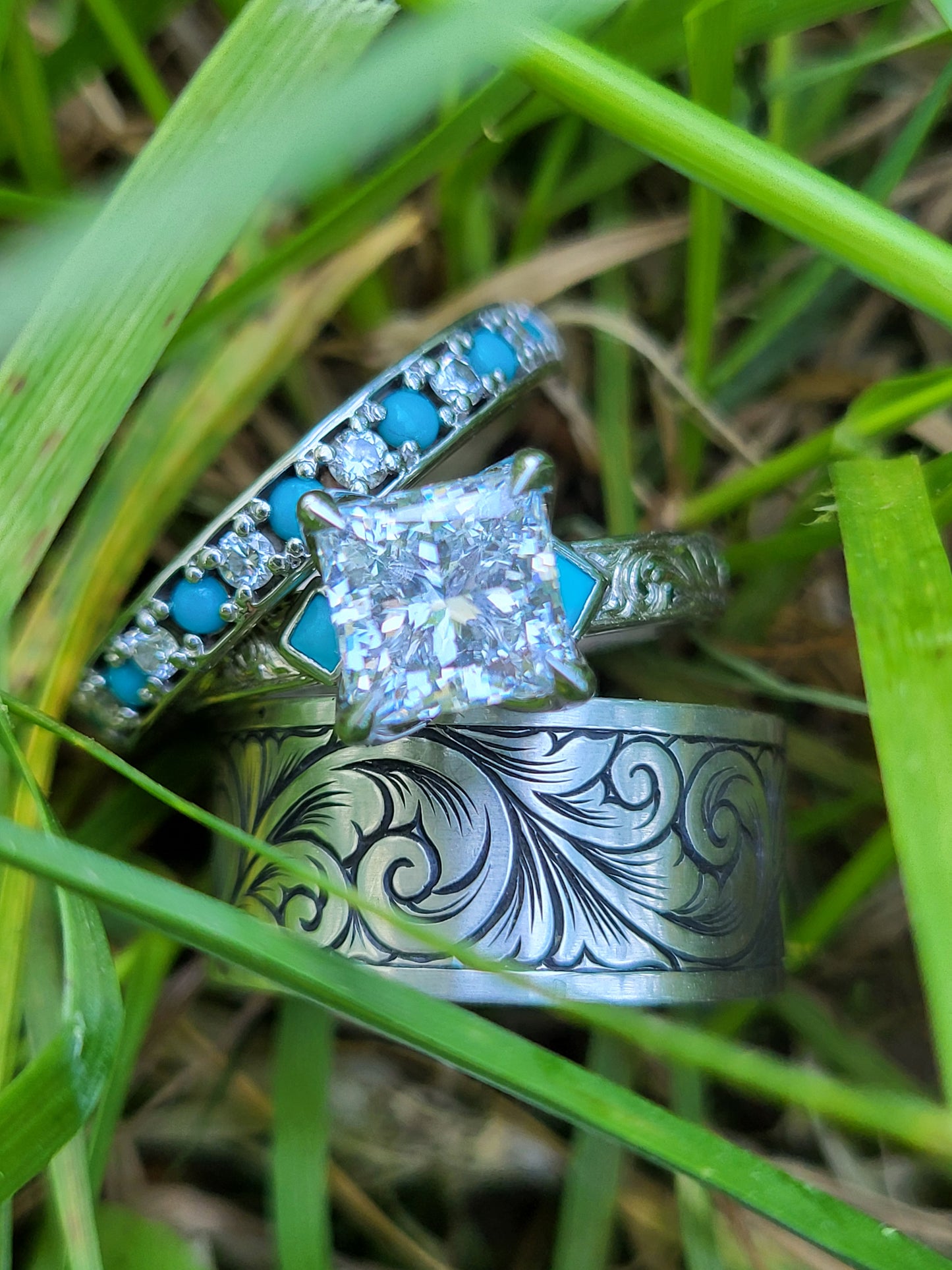 The Tilda: Gemstone accented Narrow 3.5mm, 2 - 2.75 ct. Princess Cut 10K, 14K, or 18K White Gold Engagement Ring, Western Engagement Ring, Cowgirl Ring, Western Wedding Ring