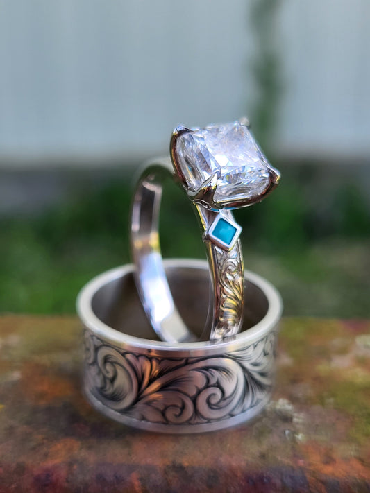 The Tilda: Gemstone accented Narrow 3.5mm, 2 - 2.75 ct. Princess Cut 10K, 14K, or 18K White Gold Engagement Ring, Western Engagement Ring, Cowgirl Ring, Western Wedding Ring