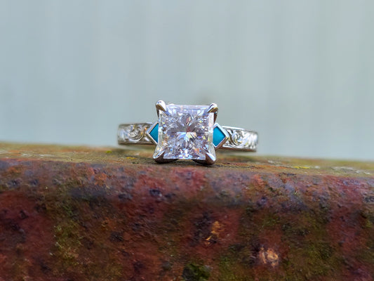 The Tilda: Gemstone accented Narrow 3.5mm, 2 - 2.75 ct. Princess Cut 10K, 14K, or 18K White Gold Engagement Ring, Western Engagement Ring, Cowgirl Ring, Western Wedding Ring