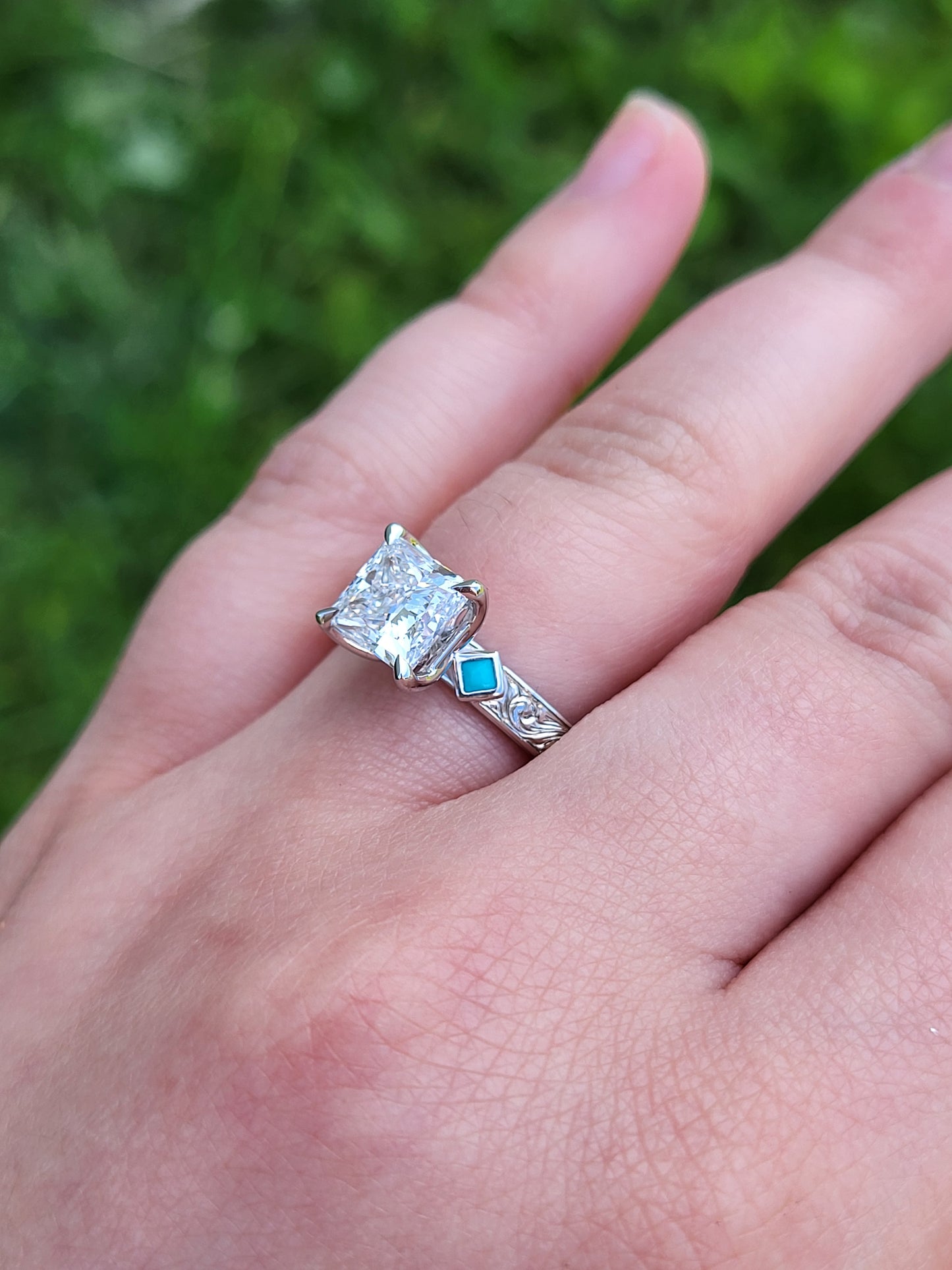 The Tilda: Gemstone accented Narrow 3.5mm, 2 - 2.75 ct. Princess Cut 10K, 14K, or 18K White Gold Engagement Ring, Western Engagement Ring, Cowgirl Ring, Western Wedding Ring