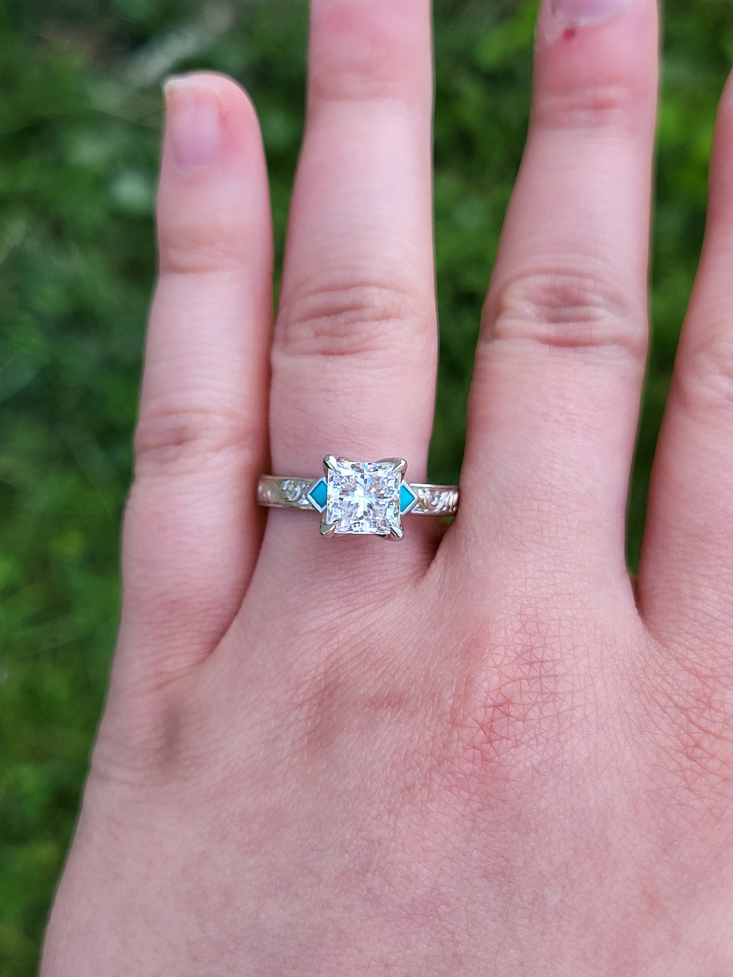 The Tilda: Gemstone accented Narrow 3.5mm, 2 - 2.75 ct. Princess Cut 10K, 14K, or 18K White Gold Engagement Ring, Western Engagement Ring, Cowgirl Ring, Western Wedding Ring