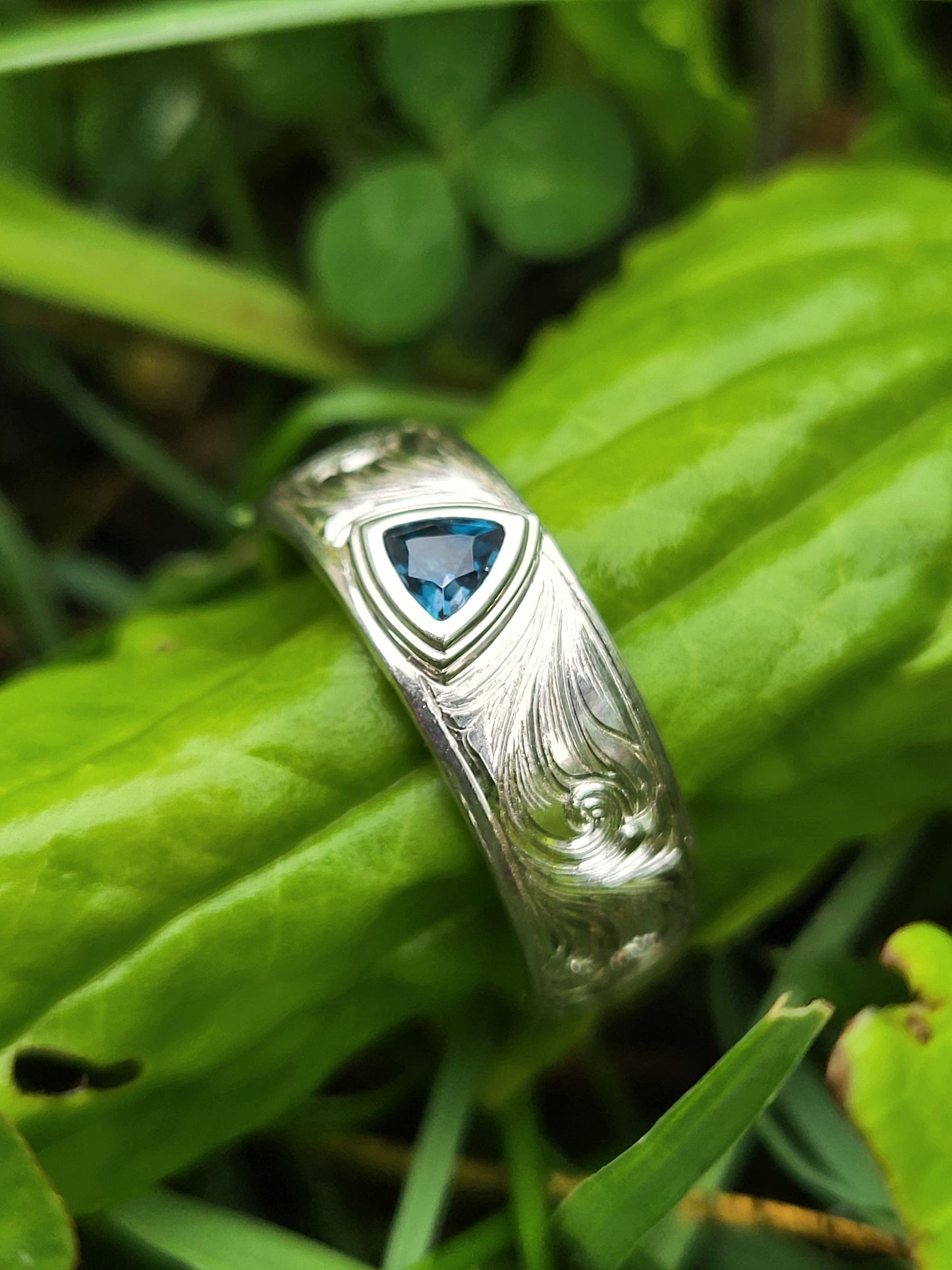 The Laramie: 7mm Western Wedding Band with Bezel Set Trillion, Western Men's Ring with Stone, Bevel Inset Gemstone or Diamond Ring, Hand-Engraved Scrollwork Band with Stone, Cowboy Ring