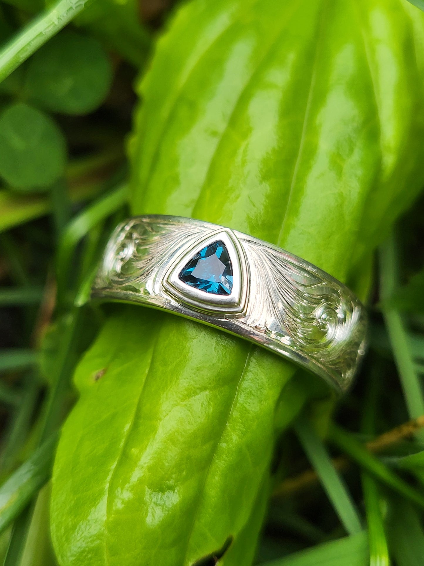 The Laramie: 7mm Western Wedding Band with Bezel Set Trillion, Western Men's Ring with Stone, Bevel Inset Gemstone or Diamond Ring, Hand-Engraved Scrollwork Band with Stone, Cowboy Ring