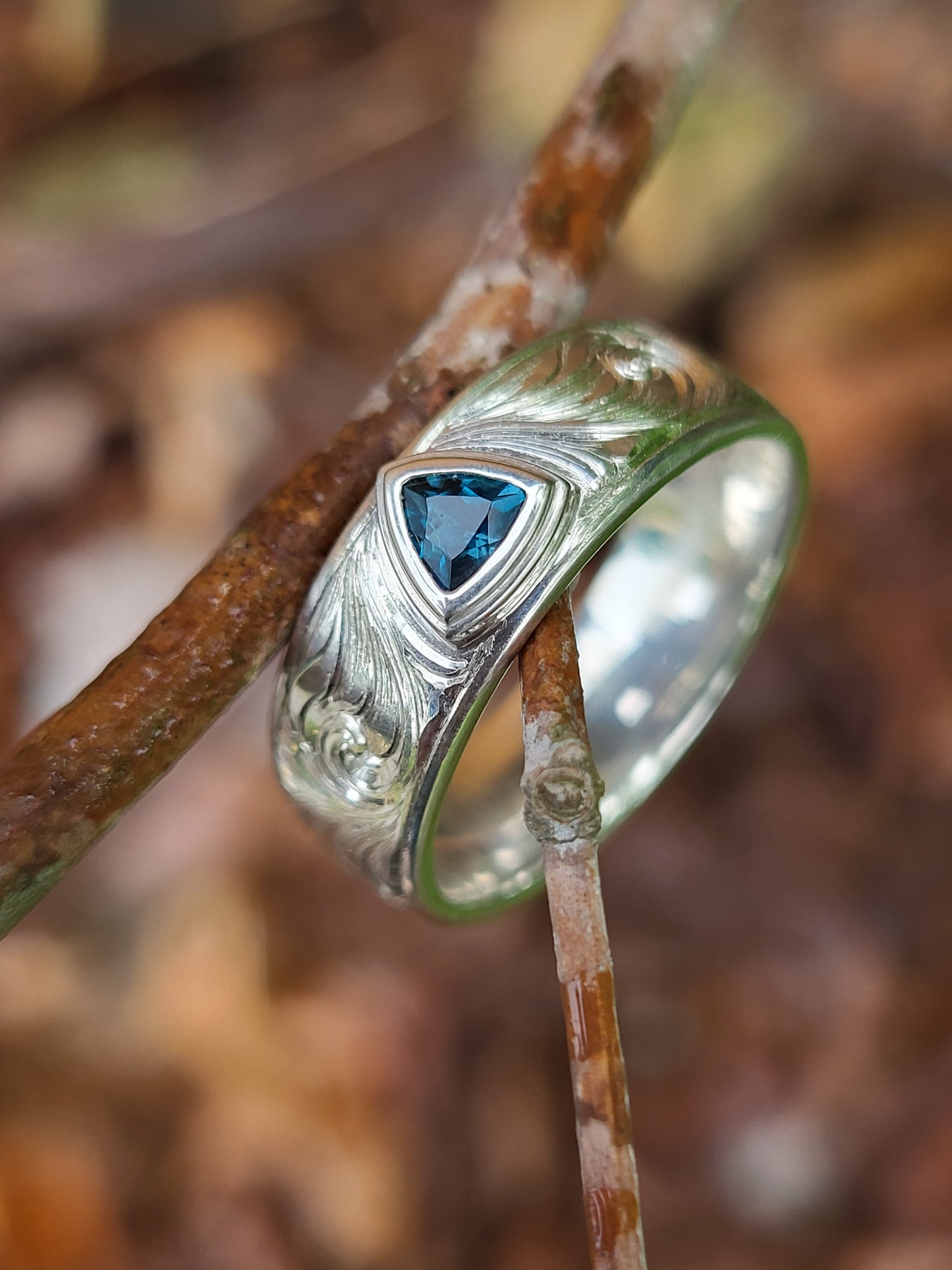 The Laramie: 7mm Western Wedding Band with Bezel Set Trillion, Western Men's Ring with Stone, Bevel Inset Gemstone or Diamond Ring, Hand-Engraved Scrollwork Band with Stone, Cowboy Ring