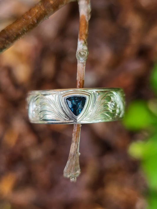 The Laramie: 7mm Western Wedding Band with Bezel Set Trillion, Western Men's Ring with Stone, Bevel Inset Gemstone or Diamond Ring, Hand-Engraved Scrollwork Band with Stone, Cowboy Ring