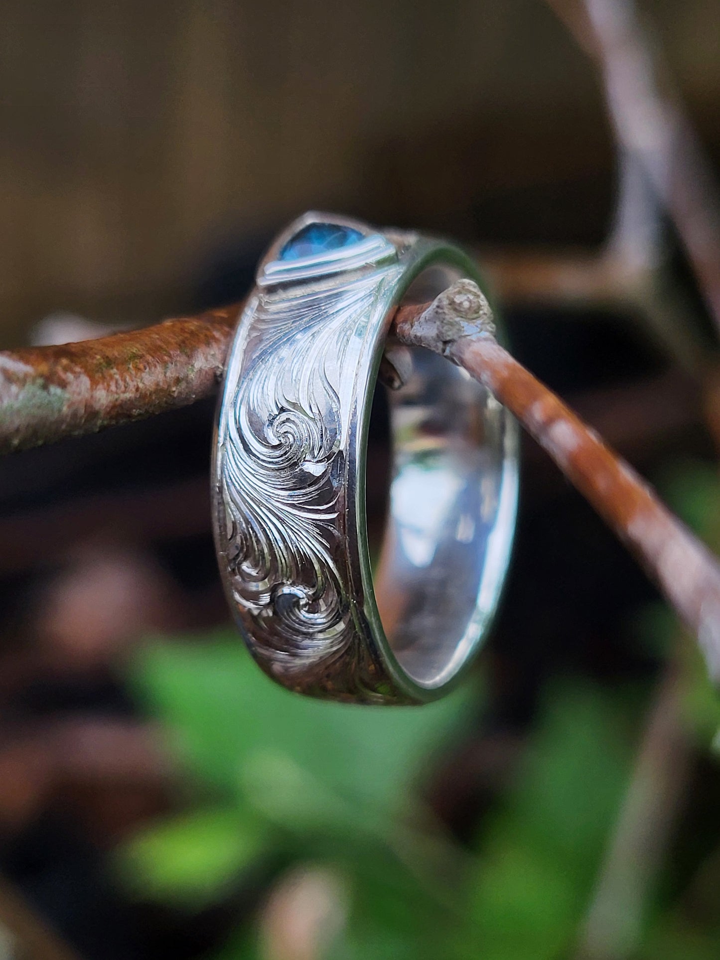 The Laramie: 7mm Western Wedding Band with Bezel Set Trillion, Western Men's Ring with Stone, Bevel Inset Gemstone or Diamond Ring, Hand-Engraved Scrollwork Band with Stone, Cowboy Ring