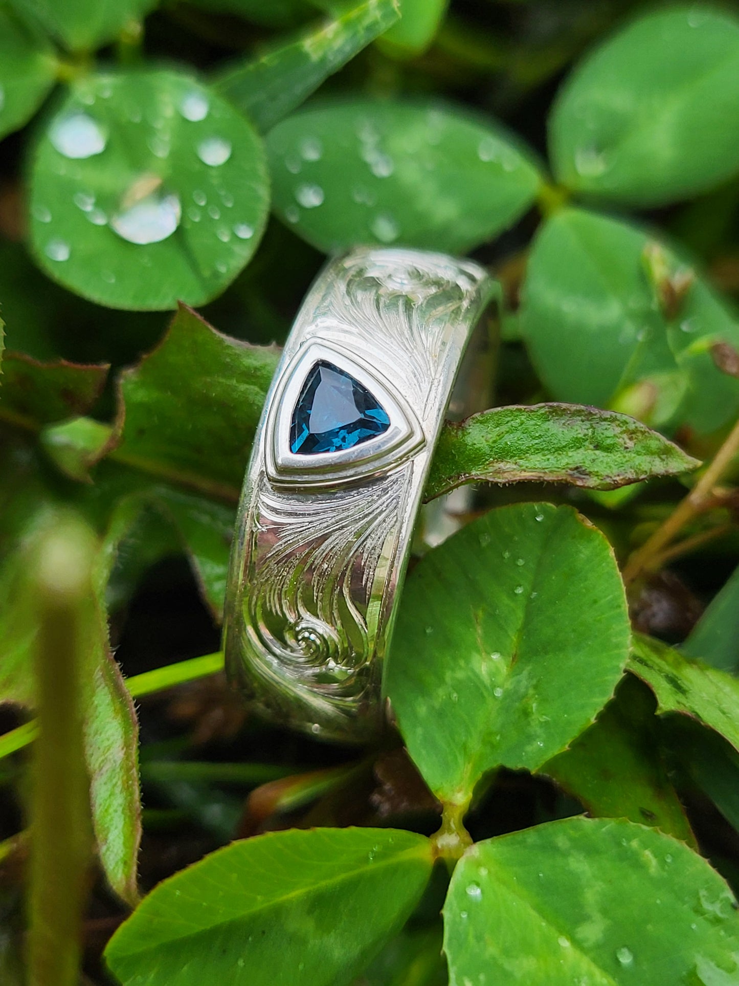 The Laramie: 7mm Western Wedding Band with Bezel Set Trillion, Western Men's Ring with Stone, Bevel Inset Gemstone or Diamond Ring, Hand-Engraved Scrollwork Band with Stone, Cowboy Ring