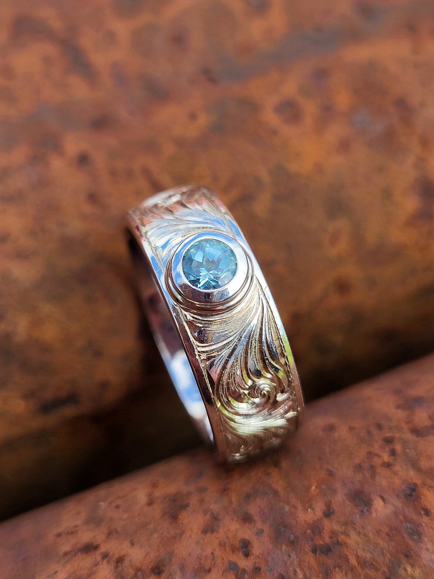 The Landry: 7mm Western Wedding Band, Western Men's Ring with Stone, Bevel Inset Gemstone or Diamond Ring, Hand-Engraved Scrollwork Band with Stone, Cowboy Ring