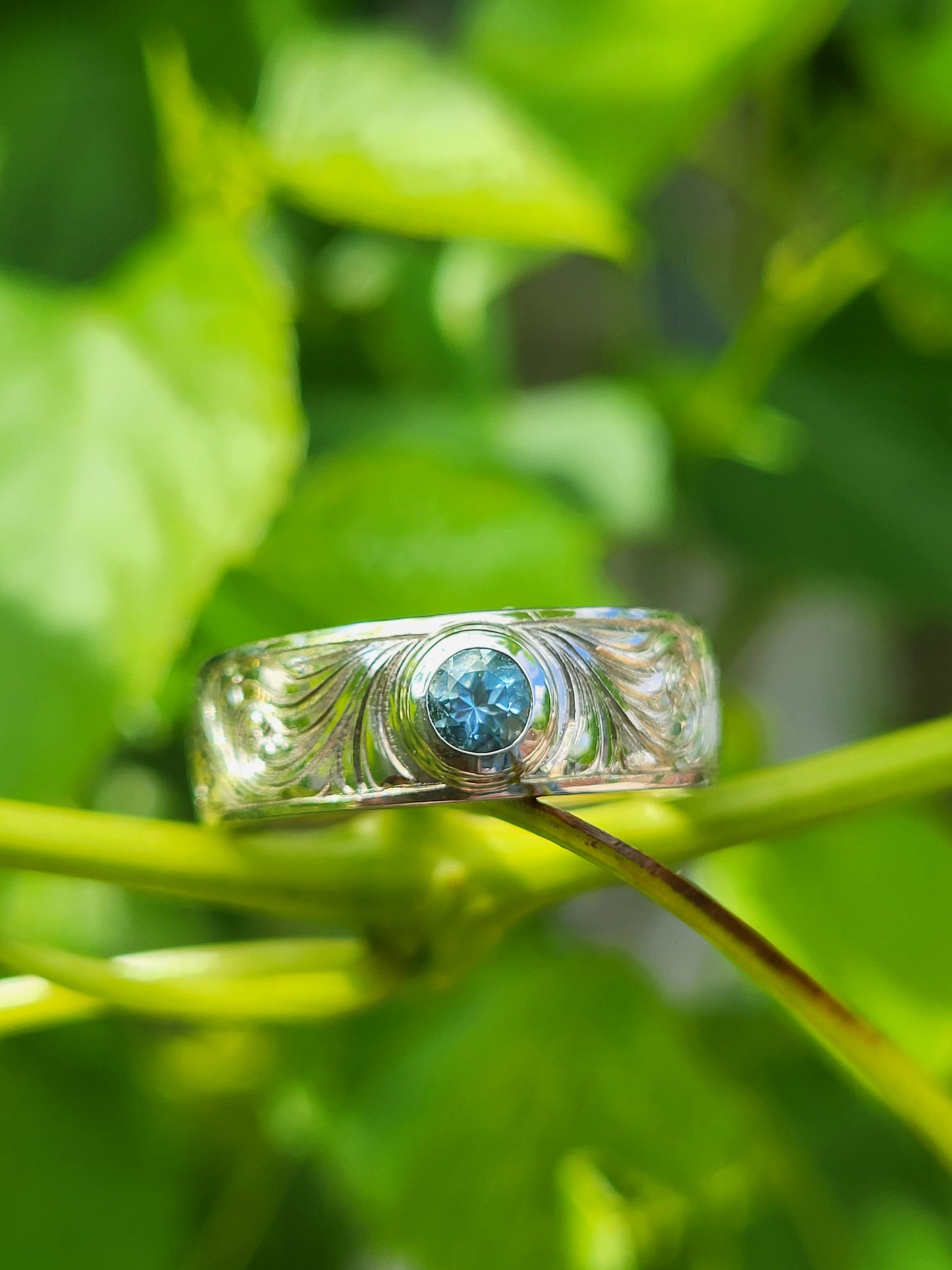 The Landry: 7mm Western Wedding Band, Western Men's Ring with Stone, Bevel Inset Gemstone or Diamond Ring, Hand-Engraved Scrollwork Band with Stone, Cowboy Ring