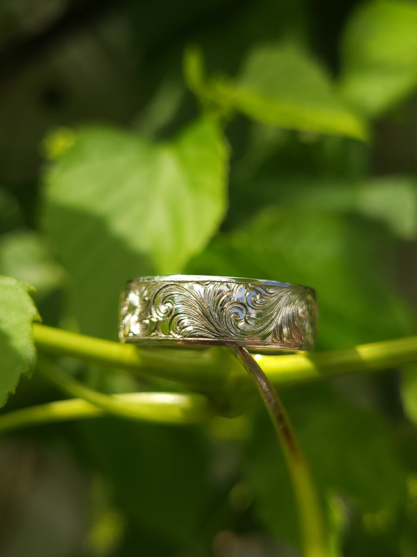 The Landry: 7mm Western Wedding Band, Western Men's Ring with Stone, Bevel Inset Gemstone or Diamond Ring, Hand-Engraved Scrollwork Band with Stone, Cowboy Ring