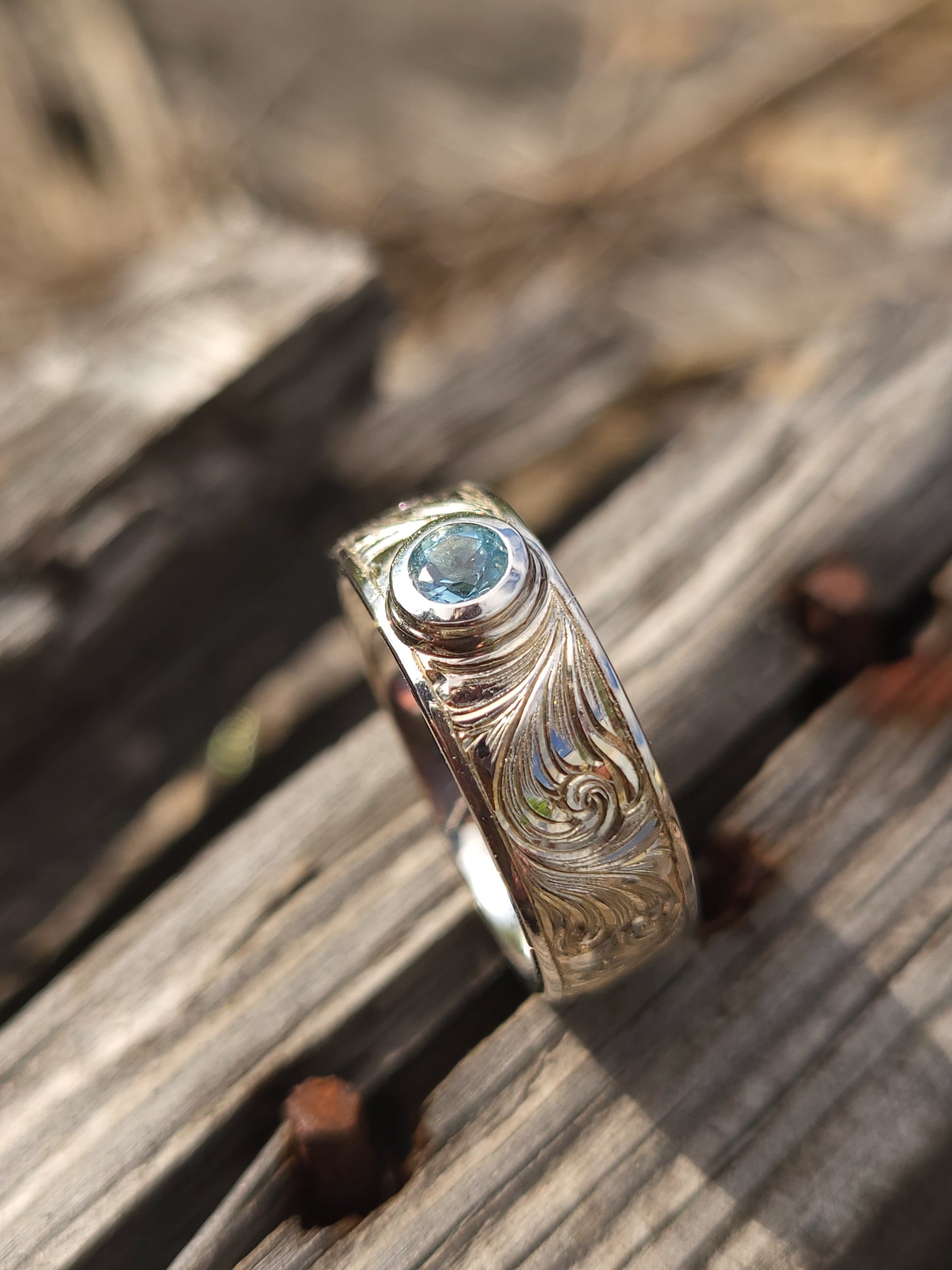 The Landry: 7mm Western Wedding Band, Western Men's Ring with Stone, Bevel Inset Gemstone or Diamond Ring, Hand-Engraved Scrollwork Band with Stone, Cowboy Ring