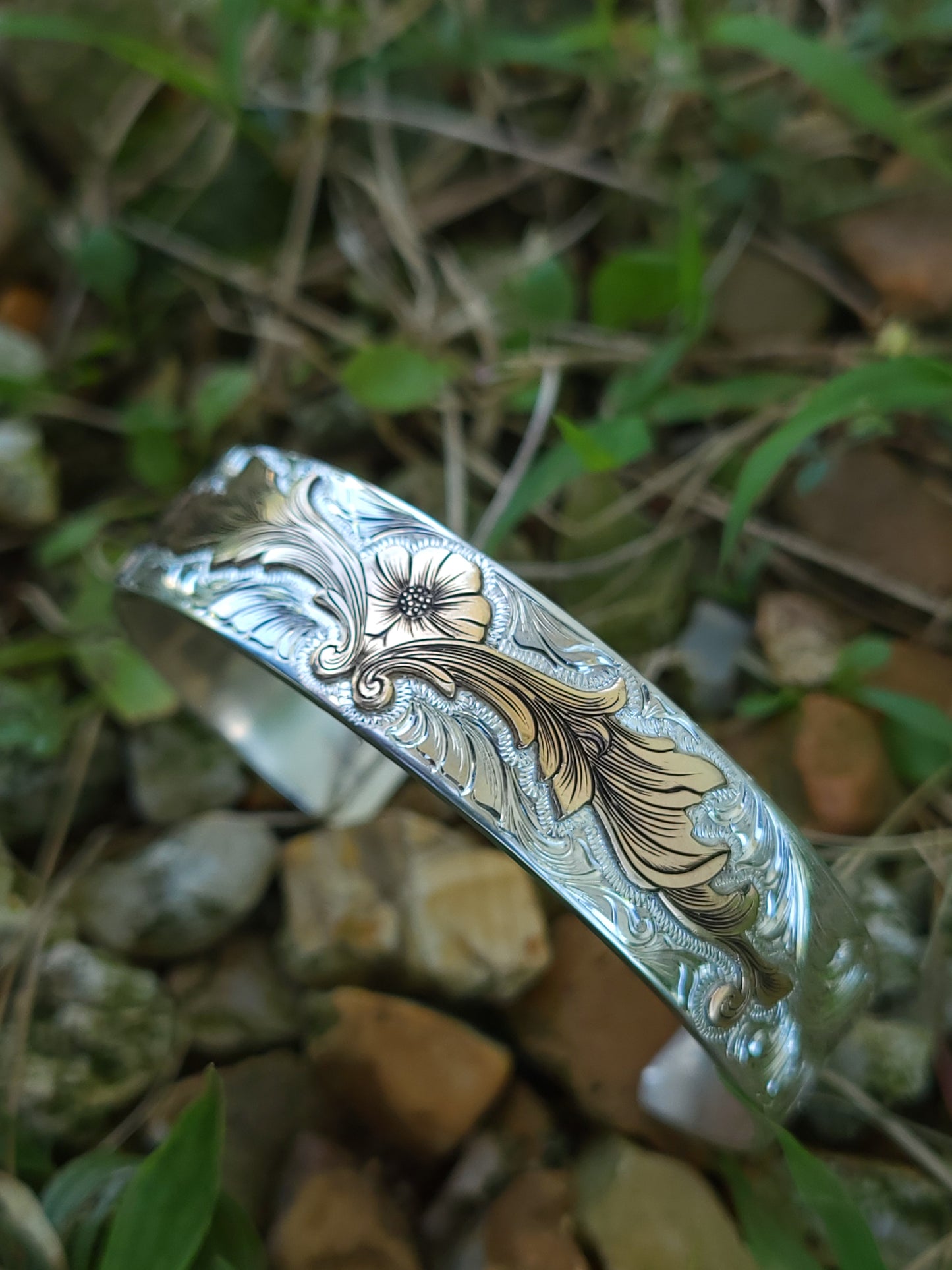 The Sarah- Floral Cowgirl Cuff: A Sterling Silver or 10K Gold Cuff with a 10K or 14K Gold overlay, Hand-engraved Cuff