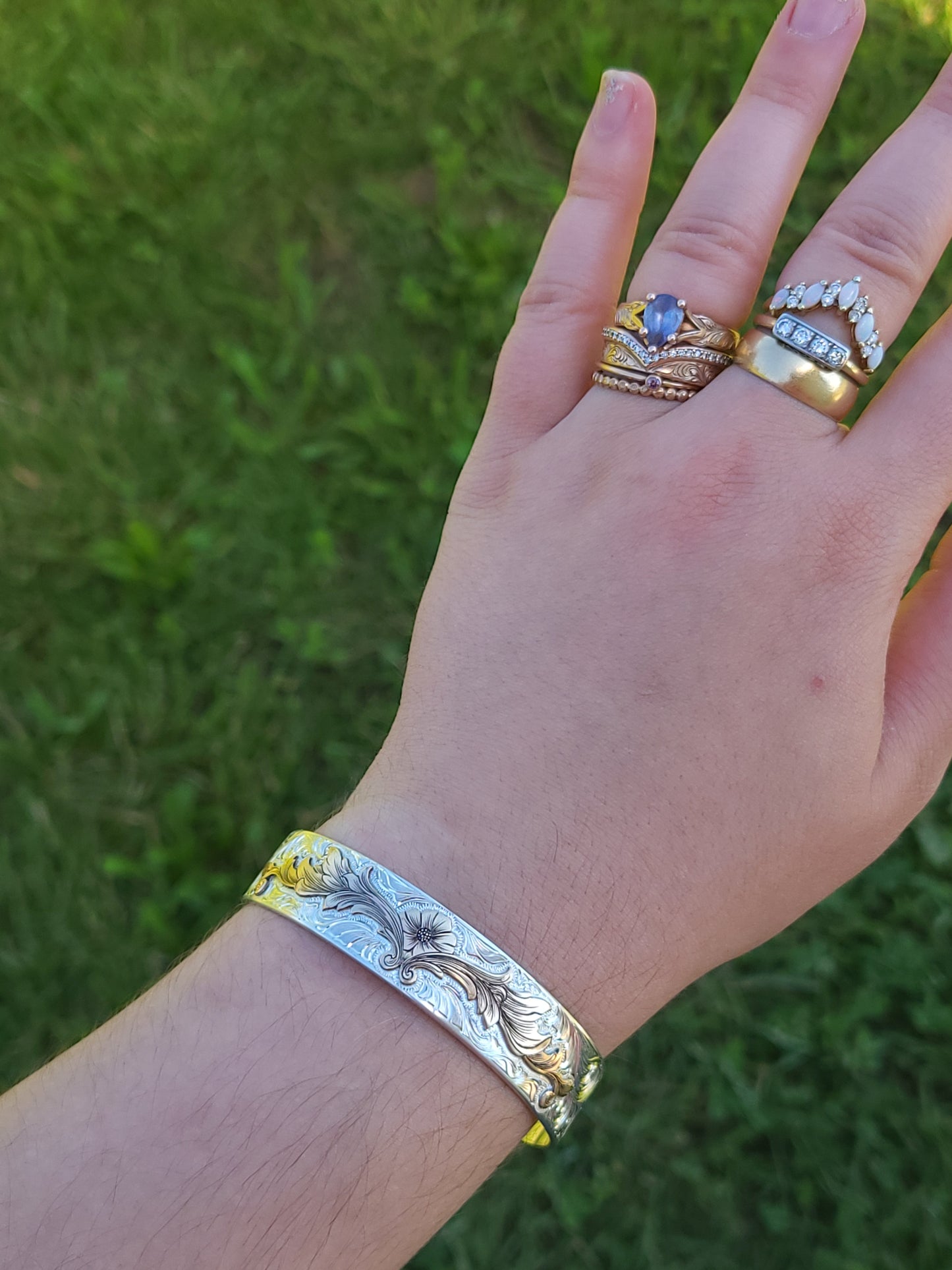 The Sarah- Floral Cowgirl Cuff: A Sterling Silver or 10K Gold Cuff with a 10K or 14K Gold overlay, Hand-engraved Cuff