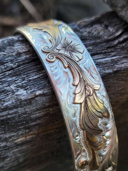 The Sarah- Floral Cowgirl Cuff: A Sterling Silver or 10K Gold Cuff with a 10K or 14K Gold overlay, Hand-engraved Cuff