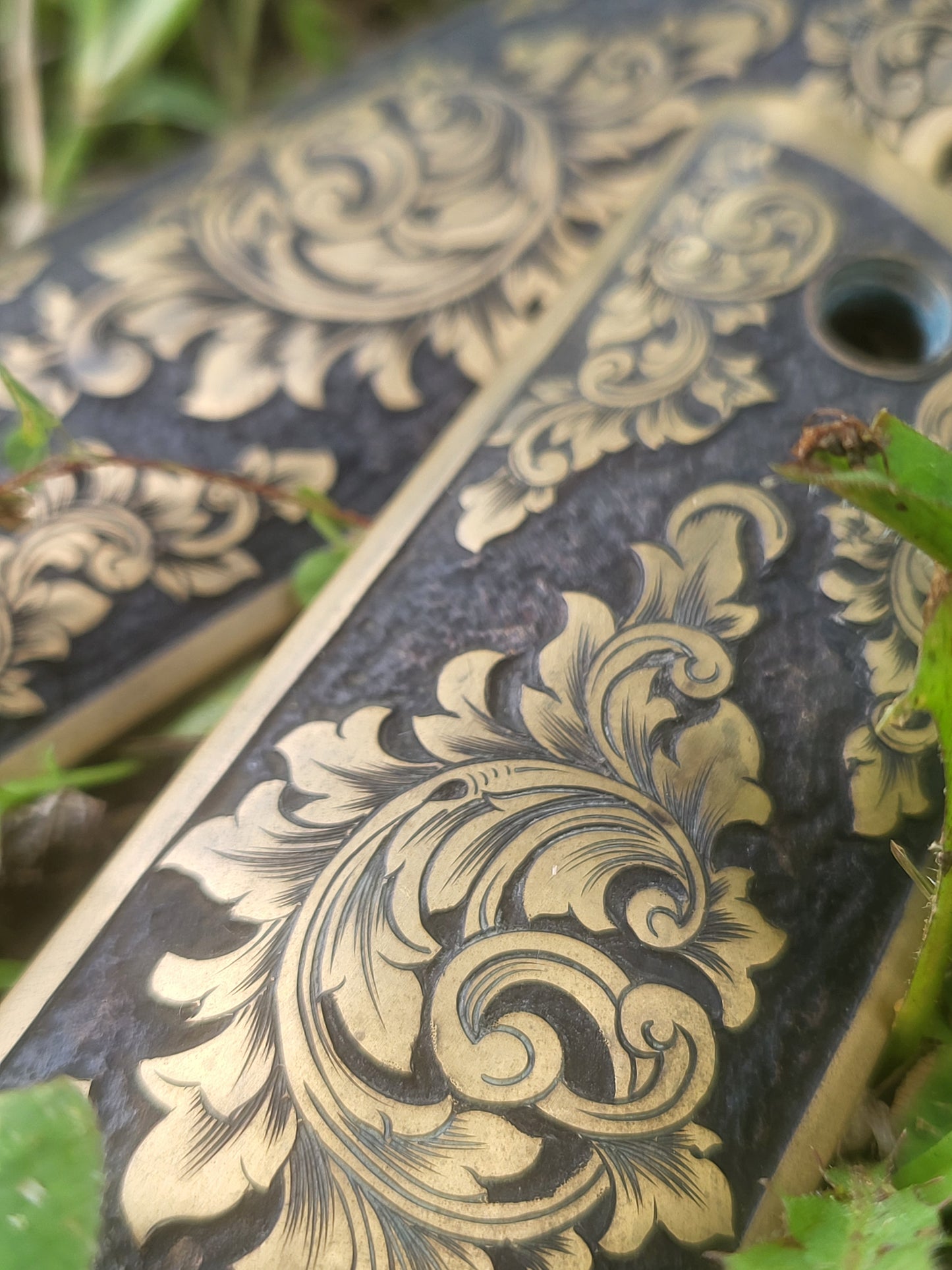 IMMEDIATE SHIP OOAK Hand-Engraved Brass 1911 Grips by Engraver Doug Larson; Western Gifts for Him, Cowboy Gift, Hand-Engraved 1911 Grip Set