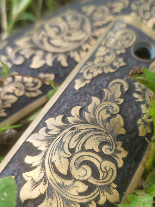 IMMEDIATE SHIP OOAK Hand-Engraved Brass 1911 Grips by Engraver Doug Larson; Western Gifts for Him, Cowboy Gift, Hand-Engraved 1911 Grip Set
