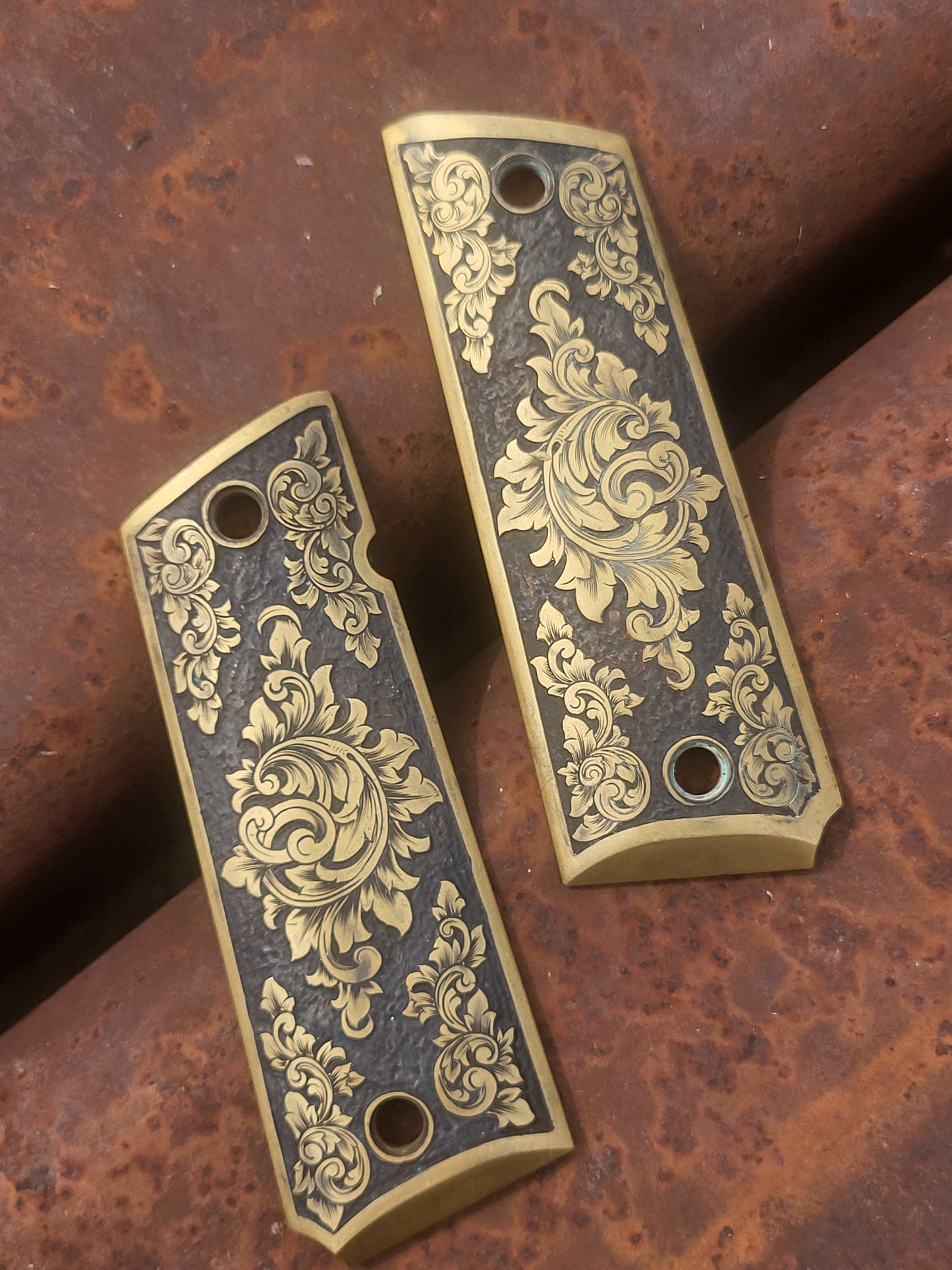 IMMEDIATE SHIP OOAK Hand-Engraved Brass 1911 Grips by Engraver Doug Larson; Western Gifts for Him, Cowboy Gift, Hand-Engraved 1911 Grip Set