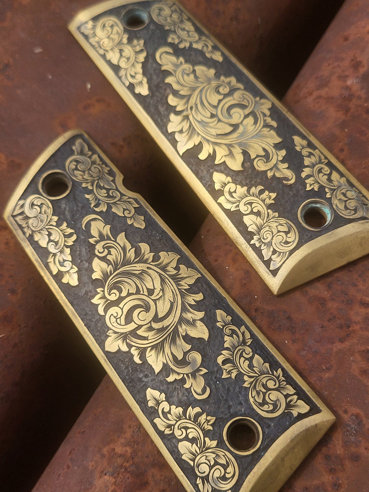 IMMEDIATE SHIP OOAK Hand-Engraved Brass 1911 Grips by Engraver Doug Larson; Western Gifts for Him, Cowboy Gift, Hand-Engraved 1911 Grip Set