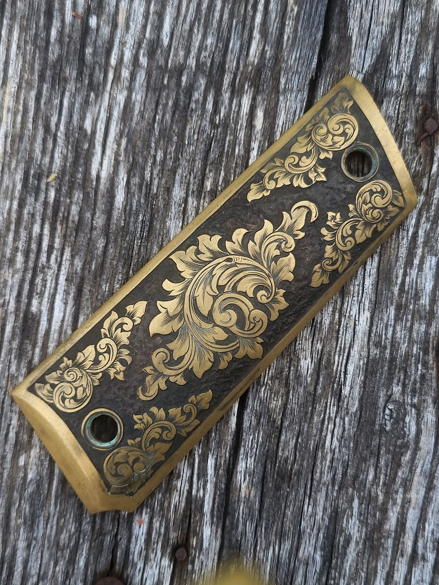 IMMEDIATE SHIP OOAK Hand-Engraved Brass 1911 Grips by Engraver Doug Larson; Western Gifts for Him, Cowboy Gift, Hand-Engraved 1911 Grip Set