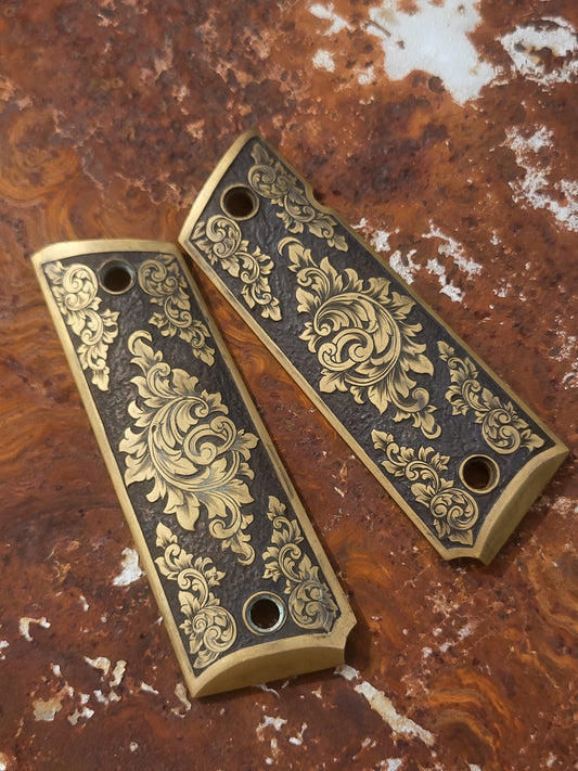 IMMEDIATE SHIP OOAK Hand-Engraved Brass 1911 Grips by Engraver Doug Larson; Western Gifts for Him, Cowboy Gift, Hand-Engraved 1911 Grip Set