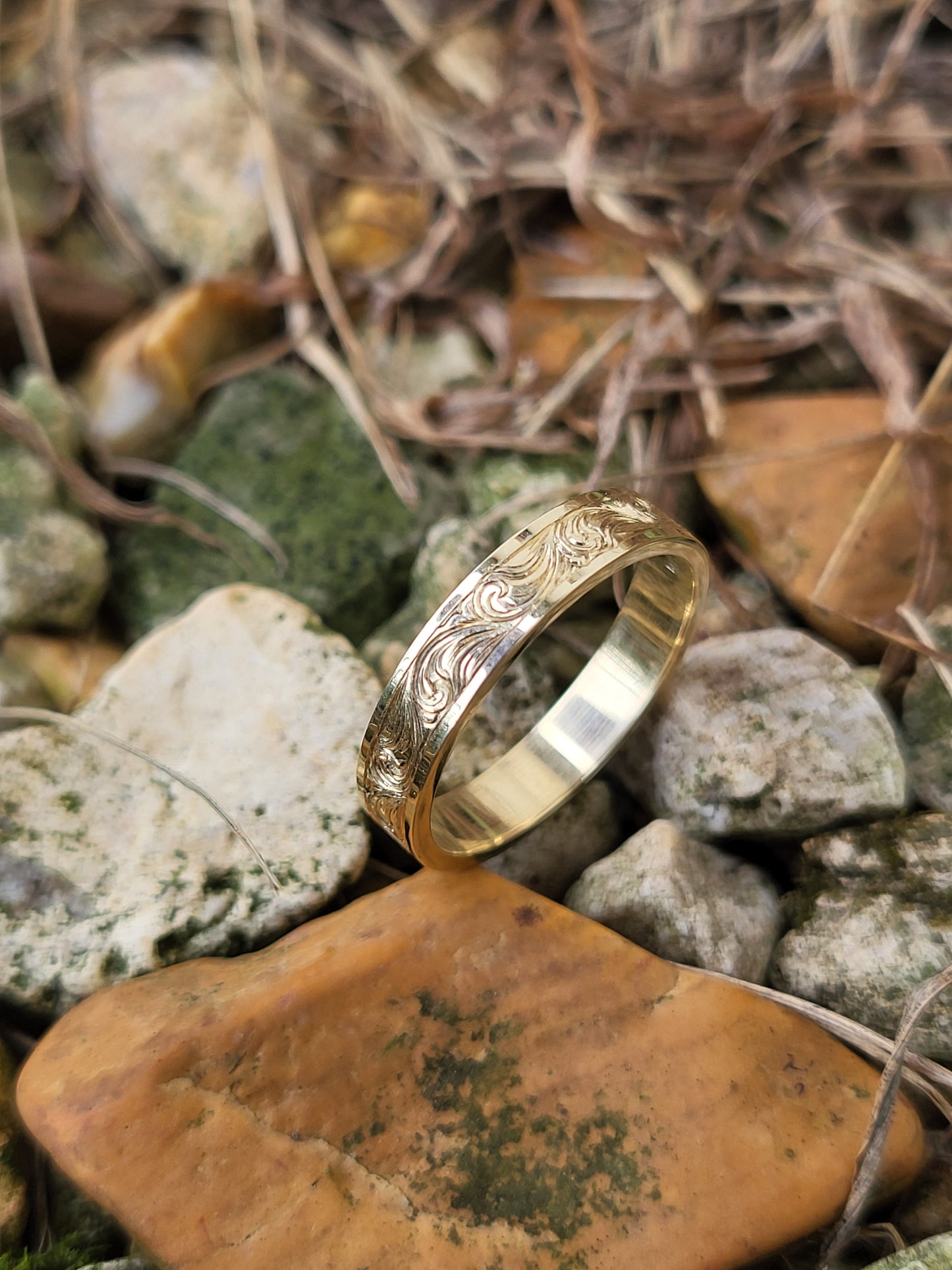 The Mae: 4mm Narrow Yellow Gold Band, Cowgirl Wedding Ring, Bright Hand-Engraved Western Women, Cowgirl Wedding Band
