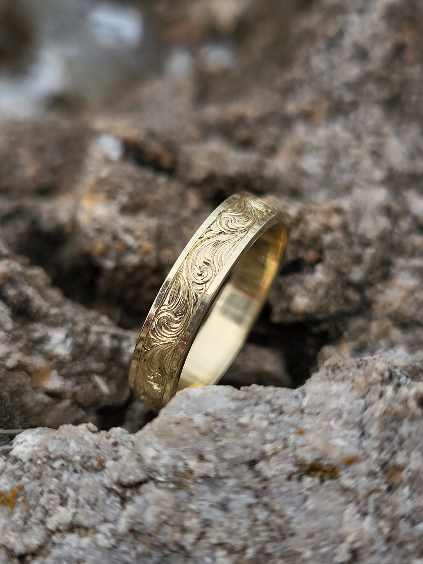 The Mae: 4mm Narrow Yellow Gold Band, Cowgirl Wedding Ring, Bright Hand-Engraved Western Women, Cowgirl Wedding Band