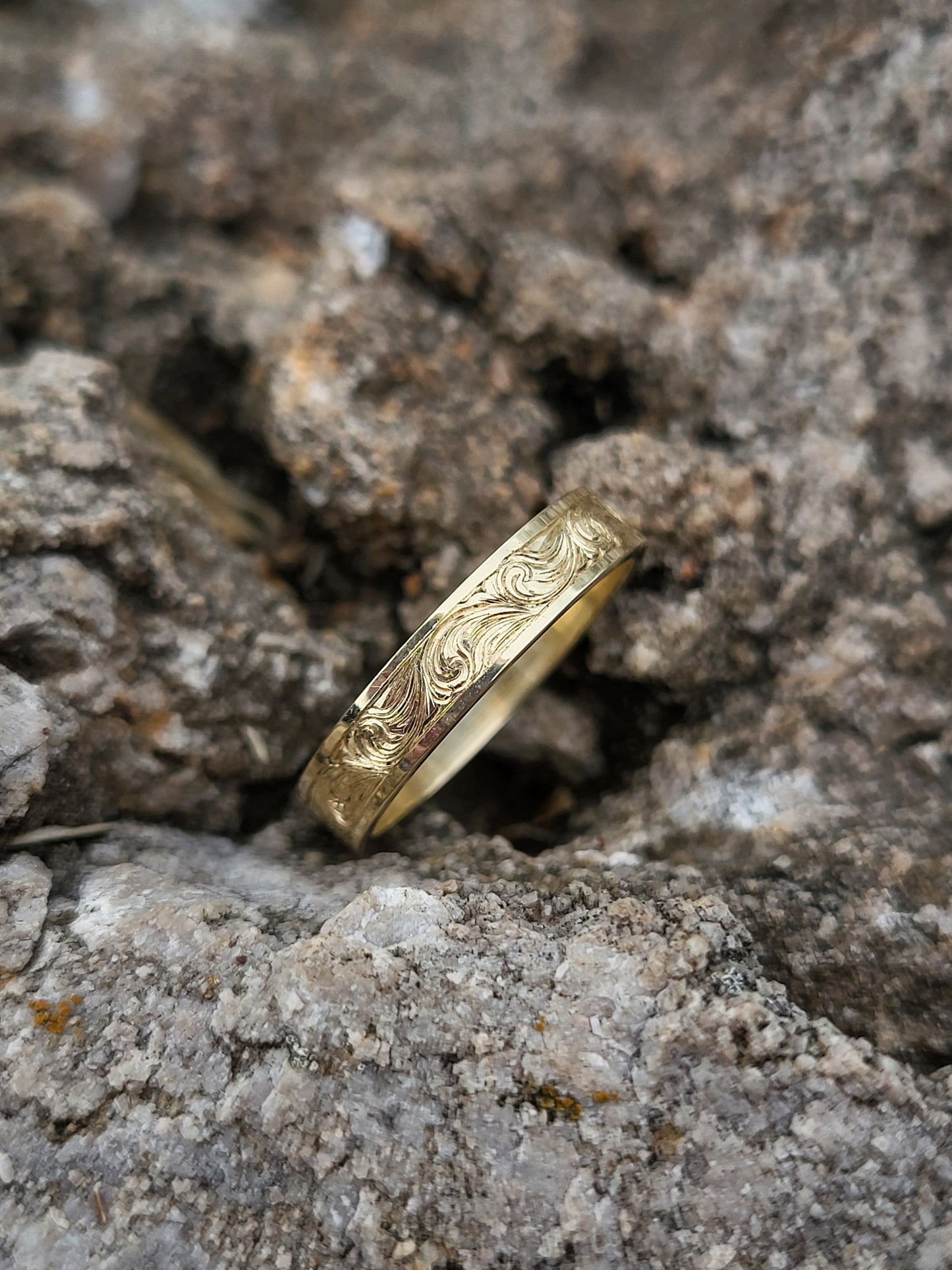 The Mae: 4mm Narrow Yellow Gold Band, Cowgirl Wedding Ring, Bright Hand-Engraved Western Women, Cowgirl Wedding Band