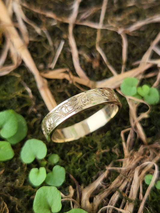 The Mae: 4mm Narrow Yellow Gold Band, Cowgirl Wedding Ring, Bright Hand-Engraved Western Women, Cowgirl Wedding Band