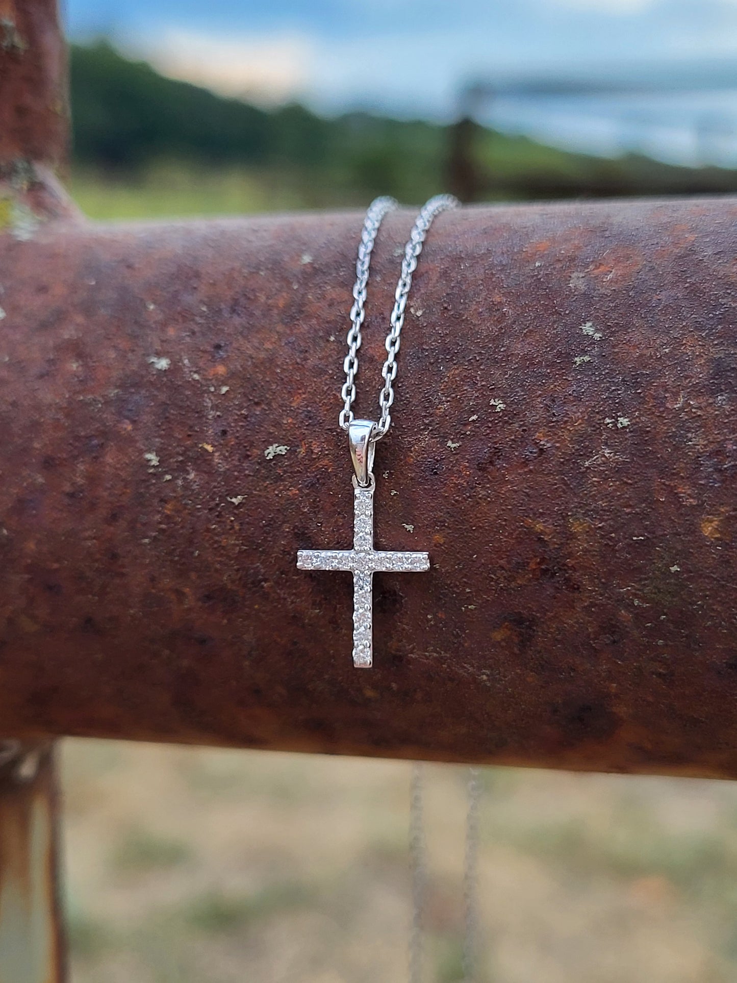 IMMEDIATE SHIP: Dainty Sterling Silver and Lab Diamond Cross Charm on 18 inch Sterling Chain, Cowgirl Christmas Gift, Stackable Cross Charm, Dainty Diamond Cross Pendant