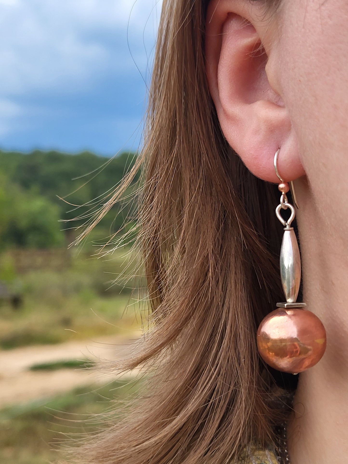 Stacked Shape Earrings: Mixed Metal Sterling Silver and Copper Dangle Earrings, Western Abstract Earrings, Cowgirl Dangle Earrings, Western Mixed Metal Earrings
