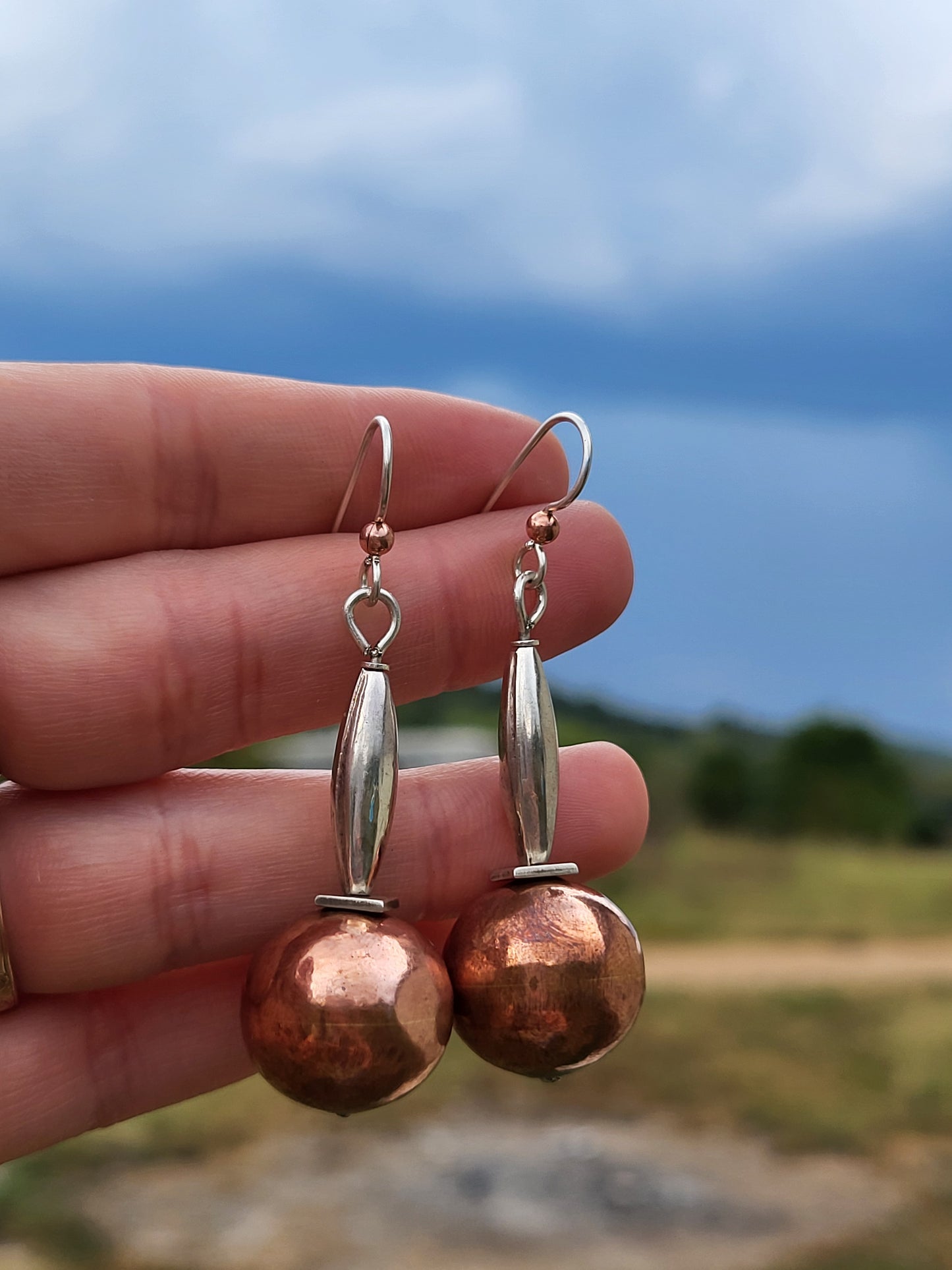 Stacked Shape Earrings: Mixed Metal Sterling Silver and Copper Dangle Earrings, Western Abstract Earrings, Cowgirl Dangle Earrings, Western Mixed Metal Earrings