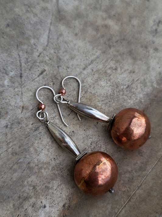 Stacked Shape Earrings: Mixed Metal Sterling Silver and Copper Dangle Earrings, Western Abstract Earrings, Cowgirl Dangle Earrings, Western Mixed Metal Earrings