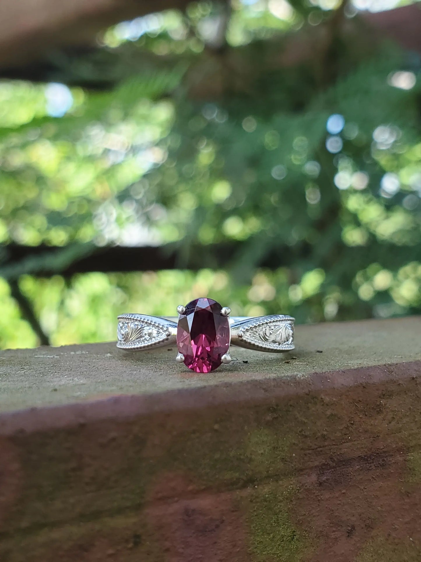 IMMEDIATE SHIP Oval Gemstone Ring, Sz. 5.5 with Natural Rhodolite Garnet, January Birthstone Ring, Hand Engraved Ring, Western Promise Ring, Cowgirl Engagement Ring