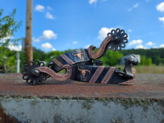 IMMEDIATE SHIP: Pop-A-Top Spurs, Steel with Cooper Overlay, Cow Scull, Cowboy Spurs, Hand-Made and Hand-Engraved CL by Cinch Liggett