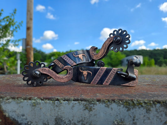 IMMEDIATE SHIP: Pop-A-Top Spurs, Steel with Cooper Overlay, Cow Scull, Cowboy Spurs, Hand-Made and Hand-Engraved CL by Cinch Liggett