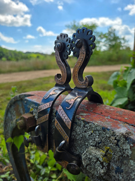 IMMEDIATE SHIP: Pop-A-Top Spurs, Steel with Cooper Overlay, Cow Scull, Cowboy Spurs, Hand-Made and Hand-Engraved CL by Cinch Liggett