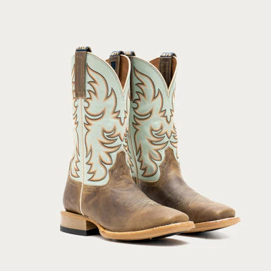 TOPEKA Women's Cowboy Boot, Tan and Mint Blue Tops by Hyer, all-purpose boot for the gals who do real work