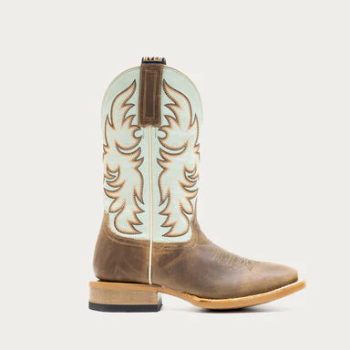 TOPEKA Women's Cowboy Boot, Tan and Mint Blue Tops by Hyer, all-purpose boot for the gals who do real work