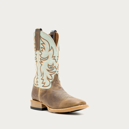 TOPEKA Women's Cowboy Boot, Tan and Mint Blue Tops by Hyer, all-purpose boot for the gals who do real work