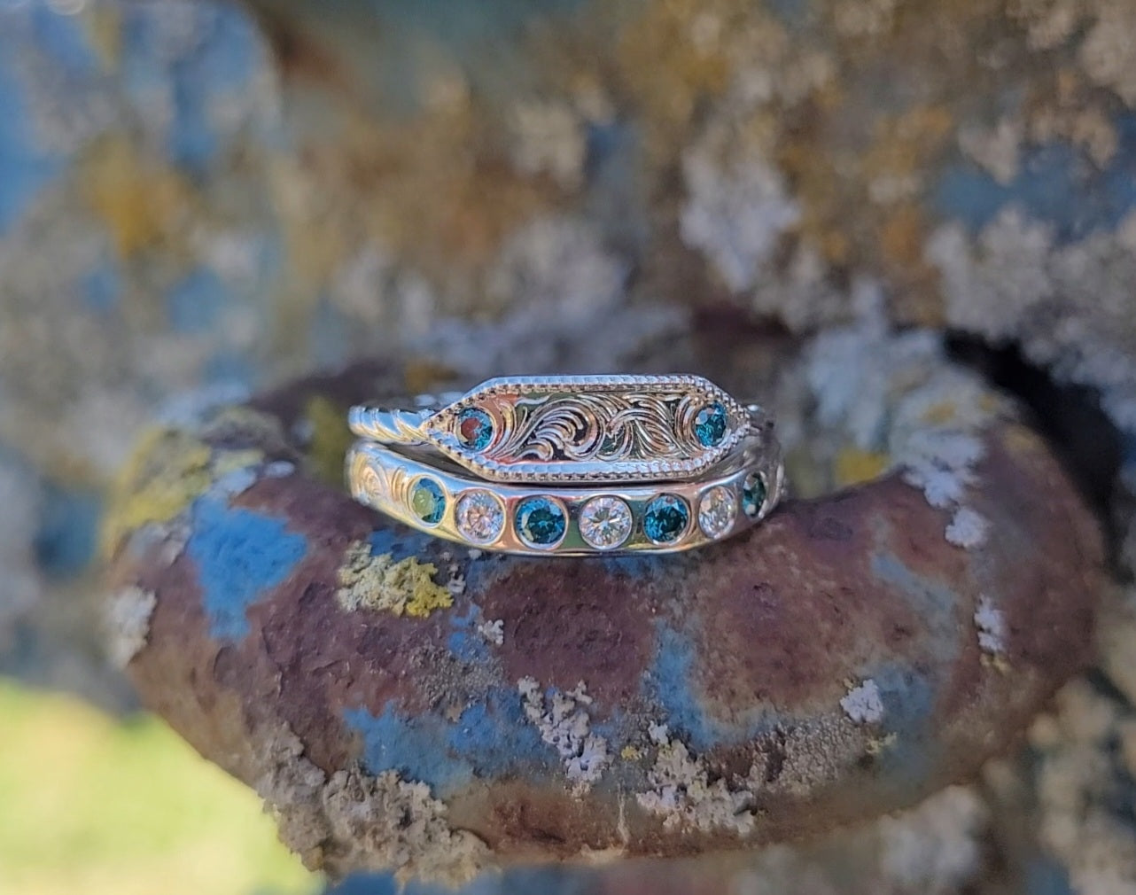 The Kaya Set: 10K White Gold or Silver Ring Set, Colorful Diamond Ring Set, Western Mother's Ring, Anniversary Gift, Cowgirl Rings