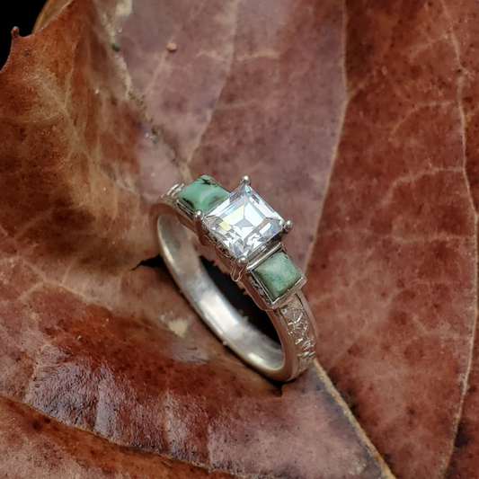 The Amy: Square Turquoise and Moissanite Ring, Sterling Silver Cowgirl Ring, Western Engagement ring, turquoise engagement ring, Floral engraved ring