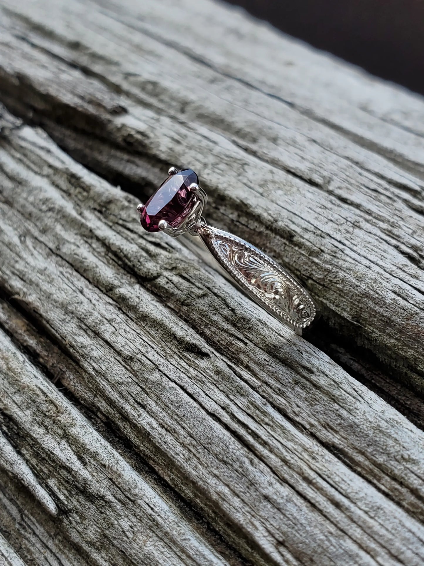 IMMEDIATE SHIP Oval Gemstone Ring, Sz. 5.5 with Natural Rhodolite Garnet, January Birthstone Ring, Hand Engraved Ring, Western Promise Ring, Cowgirl Engagement Ring