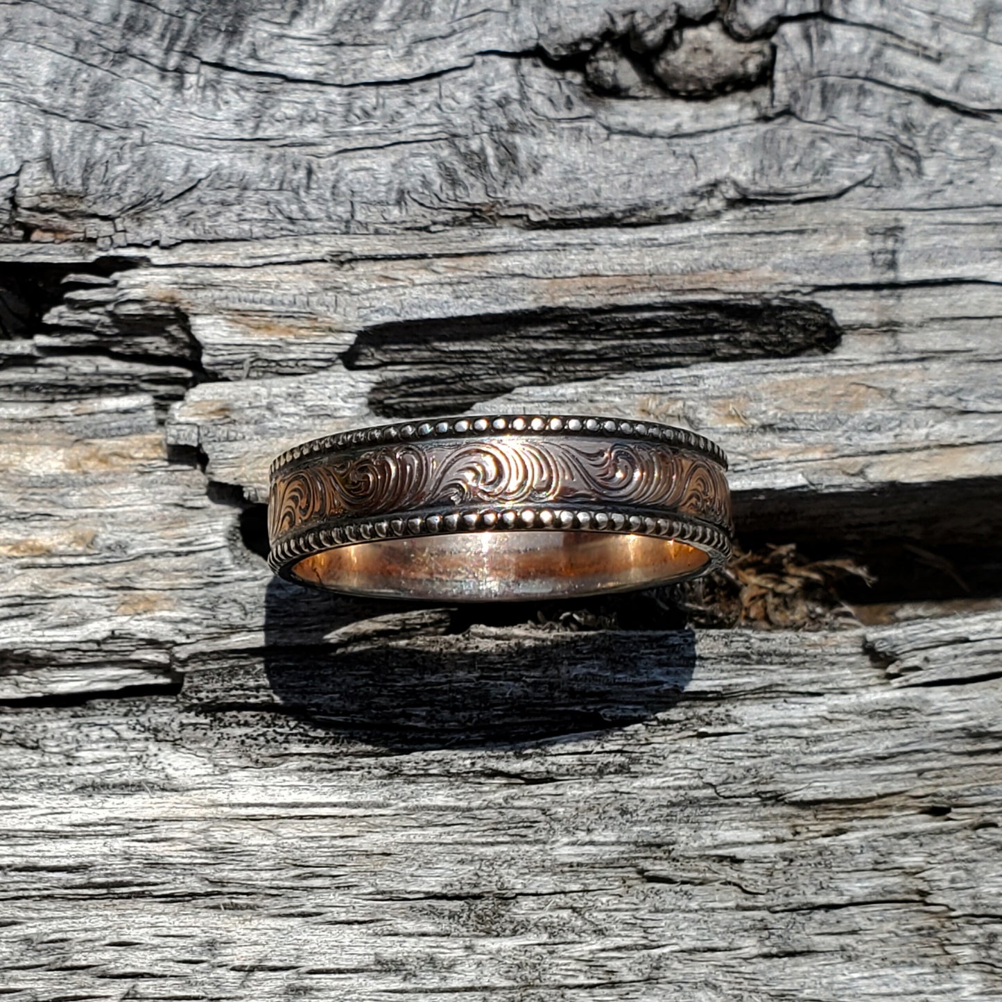 The Levi: Hand-Engraved Rose Gold and Sterling Silver Men's Wedding Band, Western Wedding Band