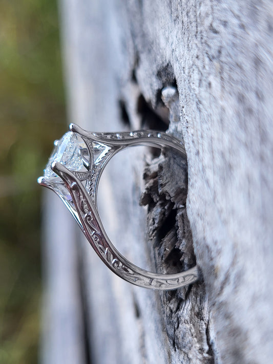 The Chelsea: White Gold or Sterling Silver Scroll-Style Ring With 1ct Princess Cut Moissanite or CZ, Western Engagement Ring, Western Wedding Band, Cowgirl Ring, Rope Detail Engagement Ring