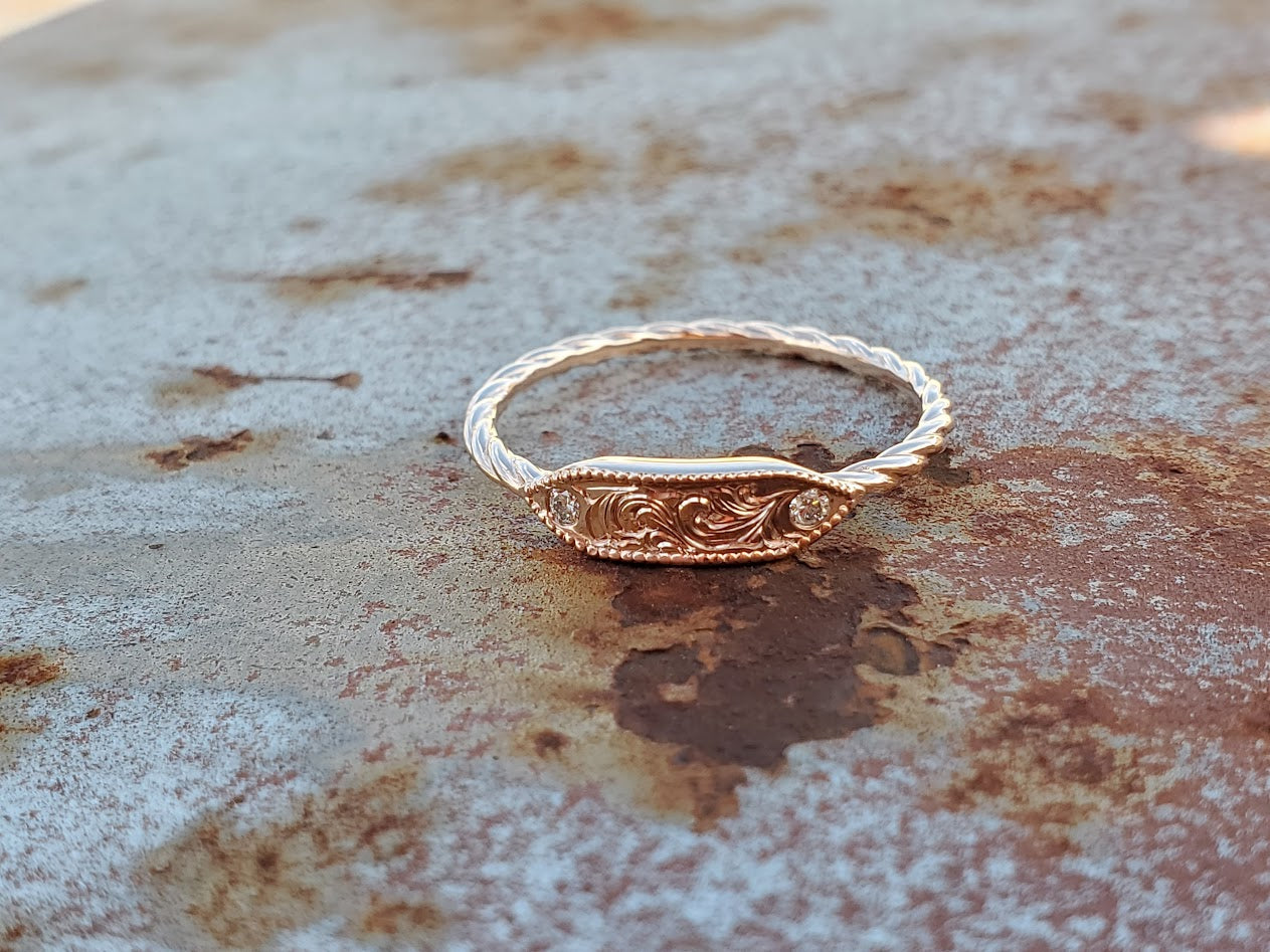 (IMMEDIATE SHIP) Sz. 9 Kaya: Dainty Engraved 10K Rose or White Gold Rope Ring with Diamonds, Western Signet Ring, Cowgirl Ring, Cowgirl Wedding Band, Western Stacking Band (Copy)