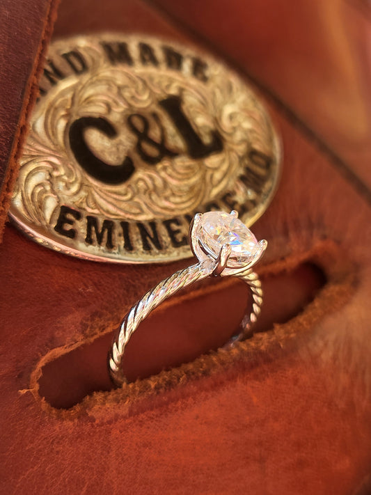 The Emily: 10K White Gold or Sterling Silver With 1 ct. Oval Moissanite, CZ, Lab Diamond, Oval Western Engagement Ring, Western Wedding Band, Cowgirl Ring