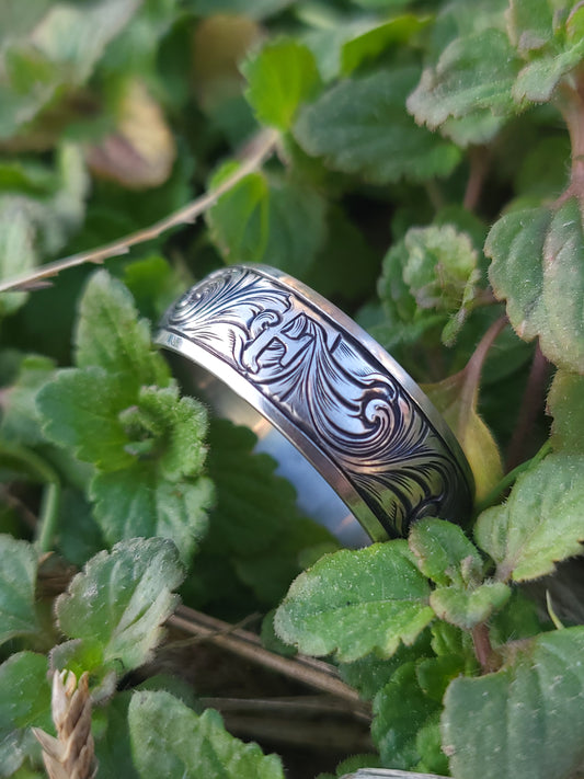 The Franklin: 8mm Wide Antiqued White Gold or Sterling Silver, Heavy Comfort Fit Gold Men's Band, Hand-Engraved Wedding Band for Him, Western Men's Wedding Band, Custom Inital Band, Hand-Engraved Men's Band