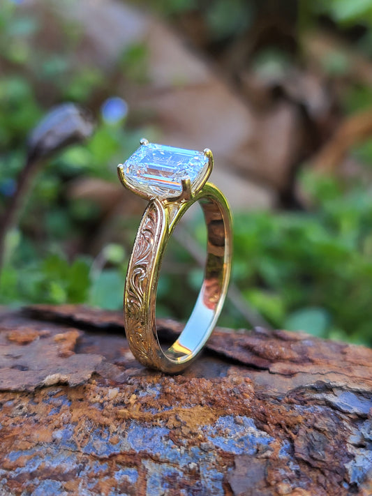 The Hailey: Narrow Cathedral Style Engagement Ring in 10K, 14K, 18K Yellow Gold Emerald Cut Engagement Ring, Western Engagement Ring, Cowgirl Ring, Western Wedding Ring