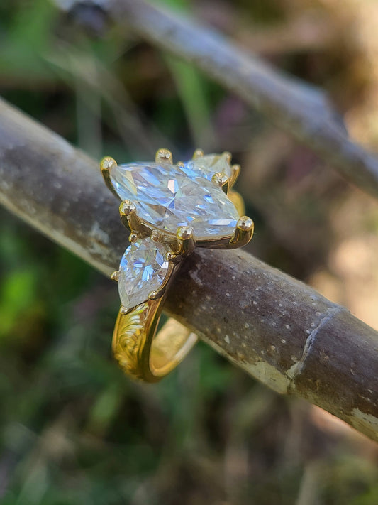 The Jasmine: 2ct. Marquise Three-Stone Engagement Ring, 10K, 14K, or 18K Yellow Gold Engagement Ring with 1ct to 1.75ct Marquise Center, Western Engagement Ring, Pear Accent Cowgirl Engagement Ring