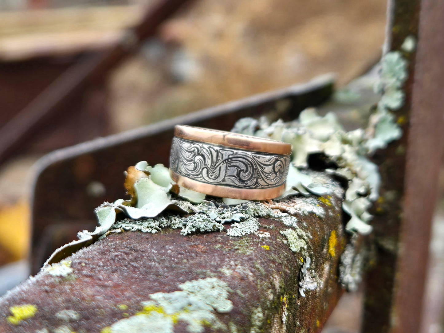 The Josephina: Tapered Chunky White and Rose Gold Women's Western Wedding Band, Custom Engraved Initial, Hand-Engraved Cowboy Wedding Ring, Men's Engraved Wedding Band, 10mm Wedding Band for Her, Two-tone Chunky Women's Band